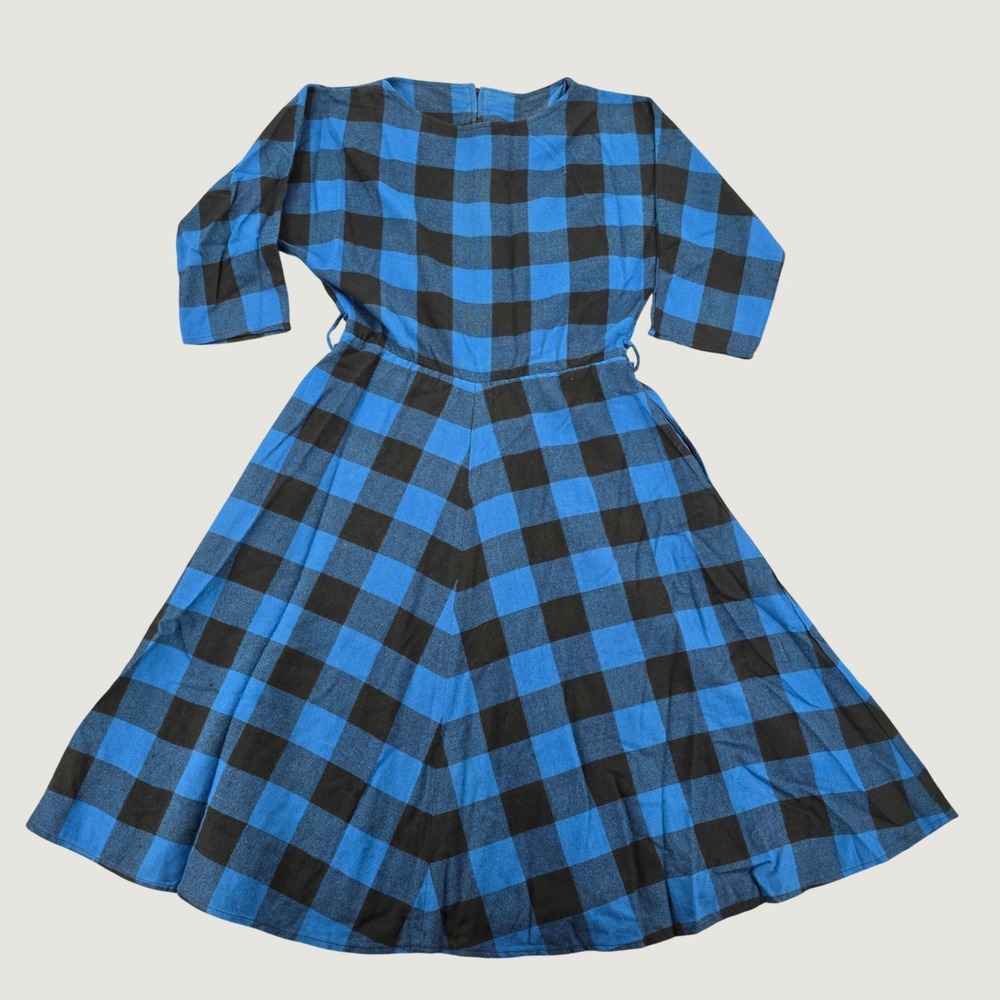 Vintage Blue Black Buffalo Plaid Fit Flare Dress 3/4 Sleeve Acrylic Size 42